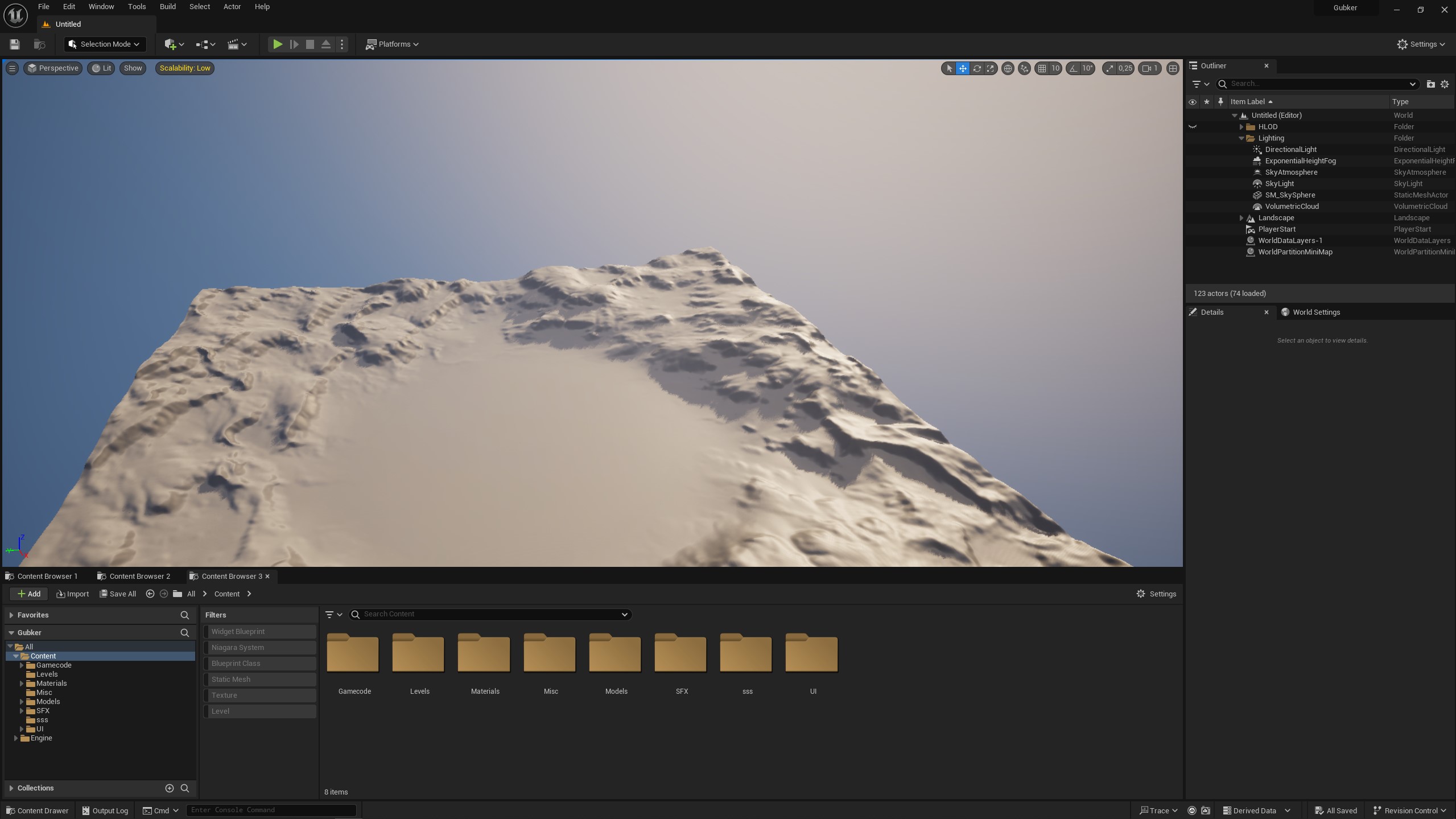 Unreal Engine 5 editor showing a lit landscape environment and World Partition content browser.